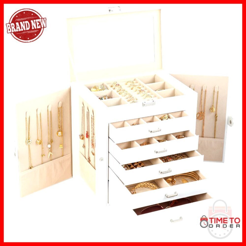 Large 6-Layer Jewelry Organizer with Mirror, Lock, and 5 Drawers